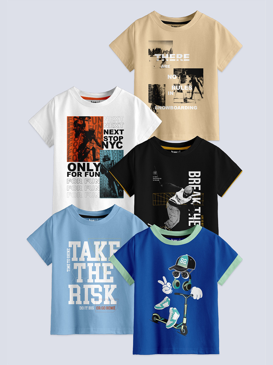 BAESD Boys Pack Of 5 Typography Printed Pure Cotton T-shirt