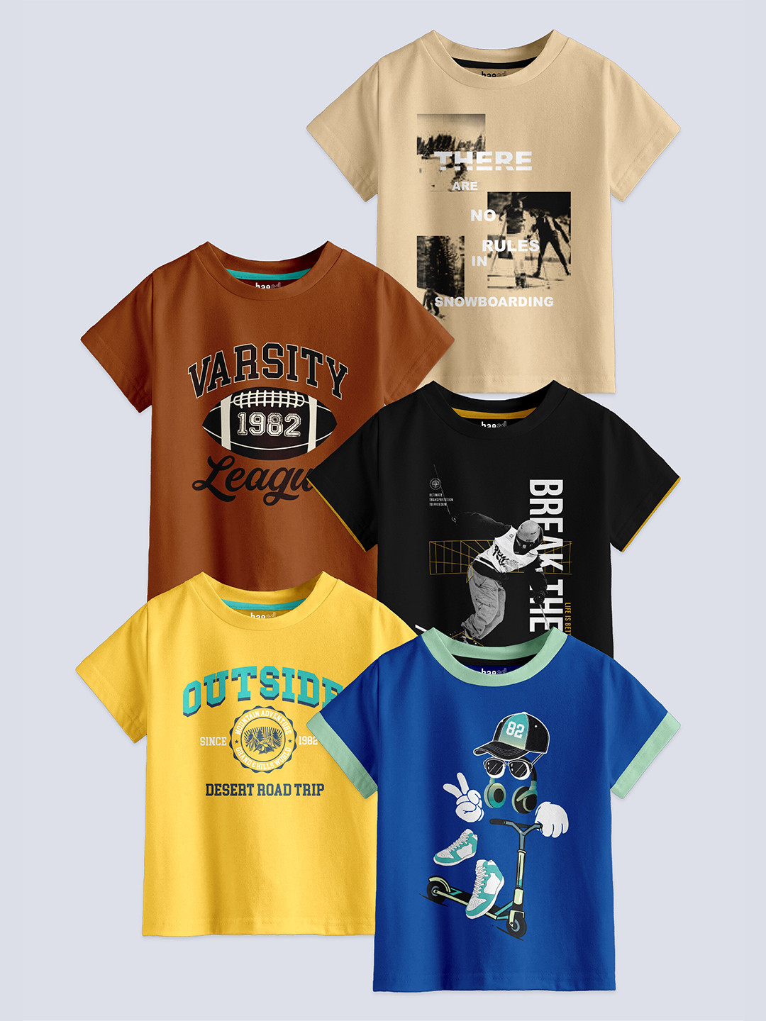 BAESD Boys Pack Of 5 Printed Pure Cotton T-shirts