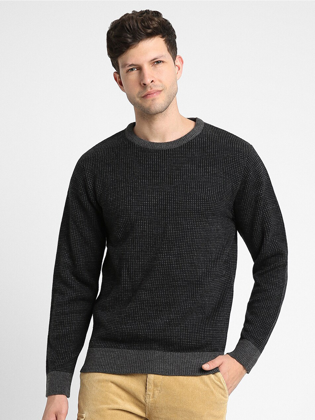Dennis Lingo Self Design Round Neck Acrylic Pullover Sweater