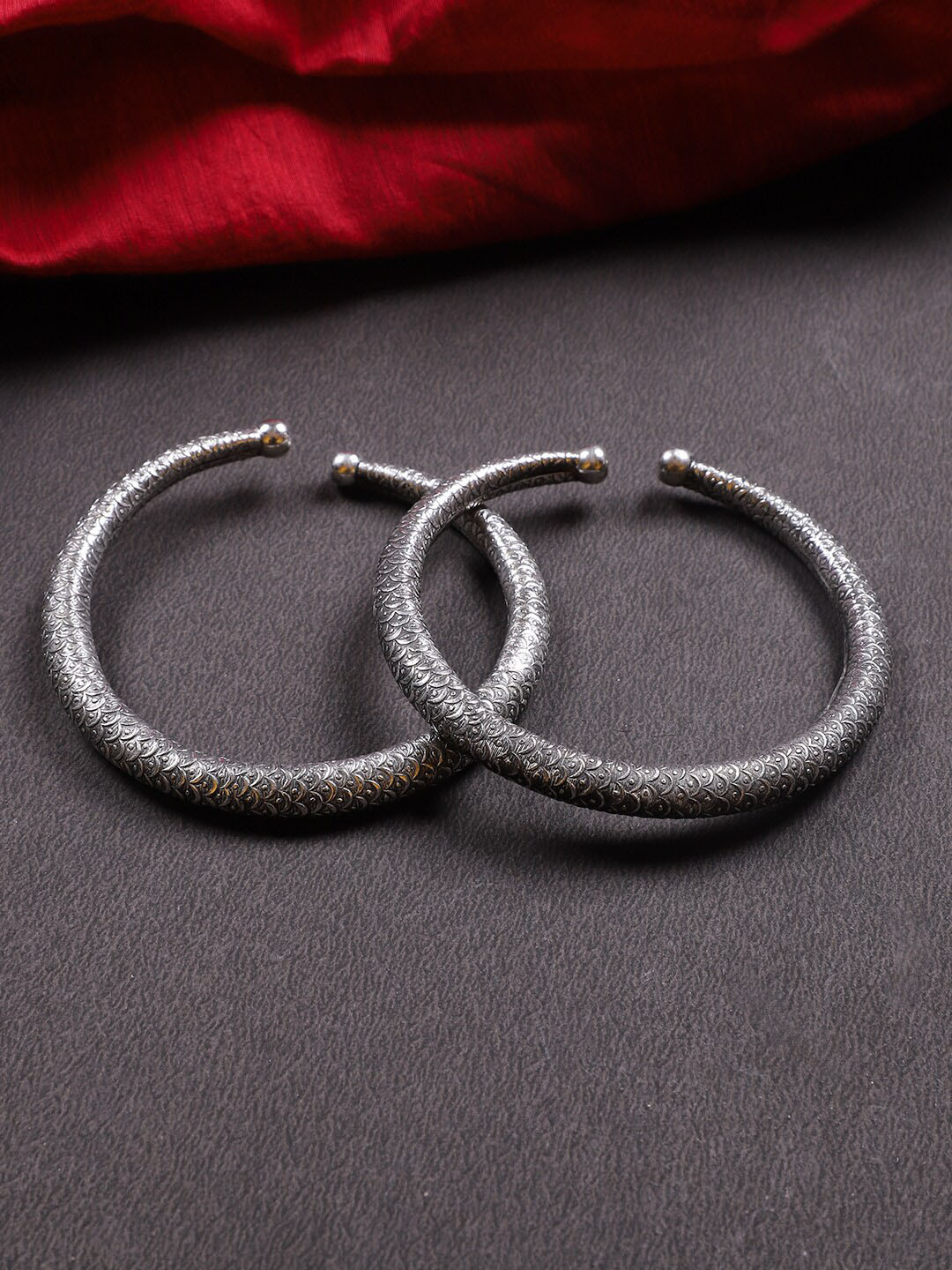 FIROZA Set Of 2 Oxidised Matsya Engraved Kada Anklets