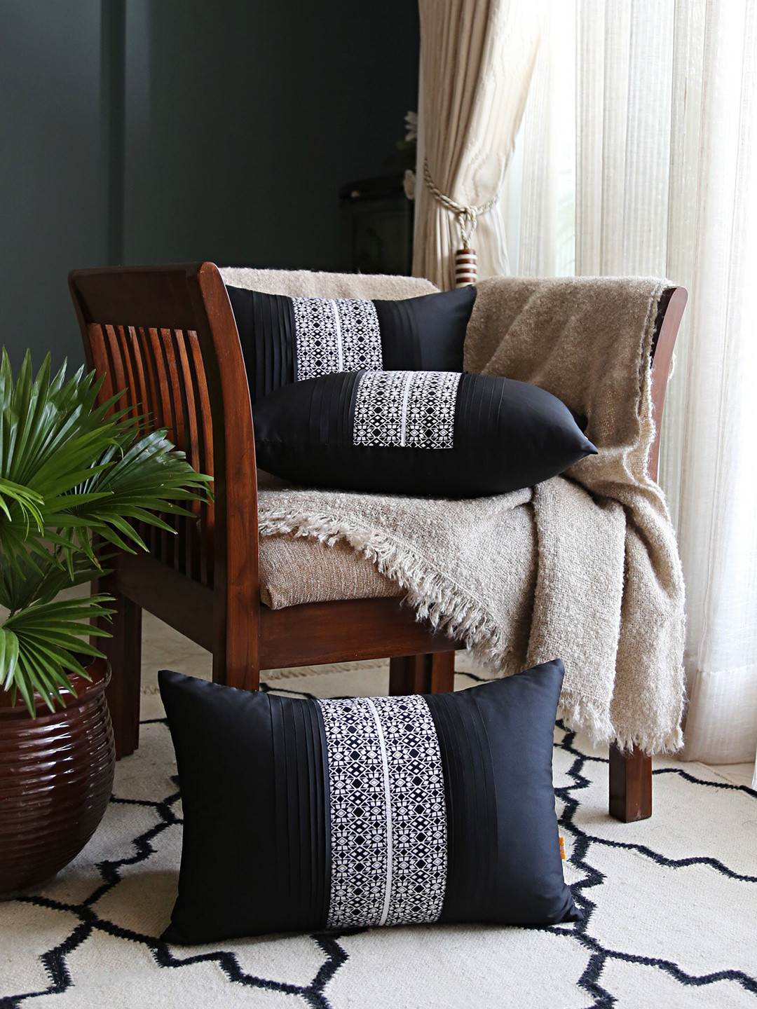 ANS Pleated Self Design Polyester Anti-Wrinkle 3 Pcs Textured Cushion Covers - 12 x 18 In