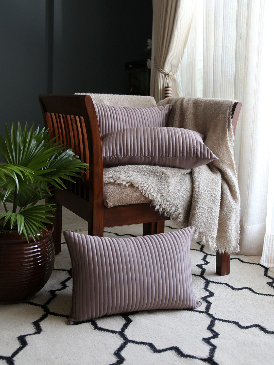 ANS Brown 3 Pieces Self Designed Rectangle Cushion Covers