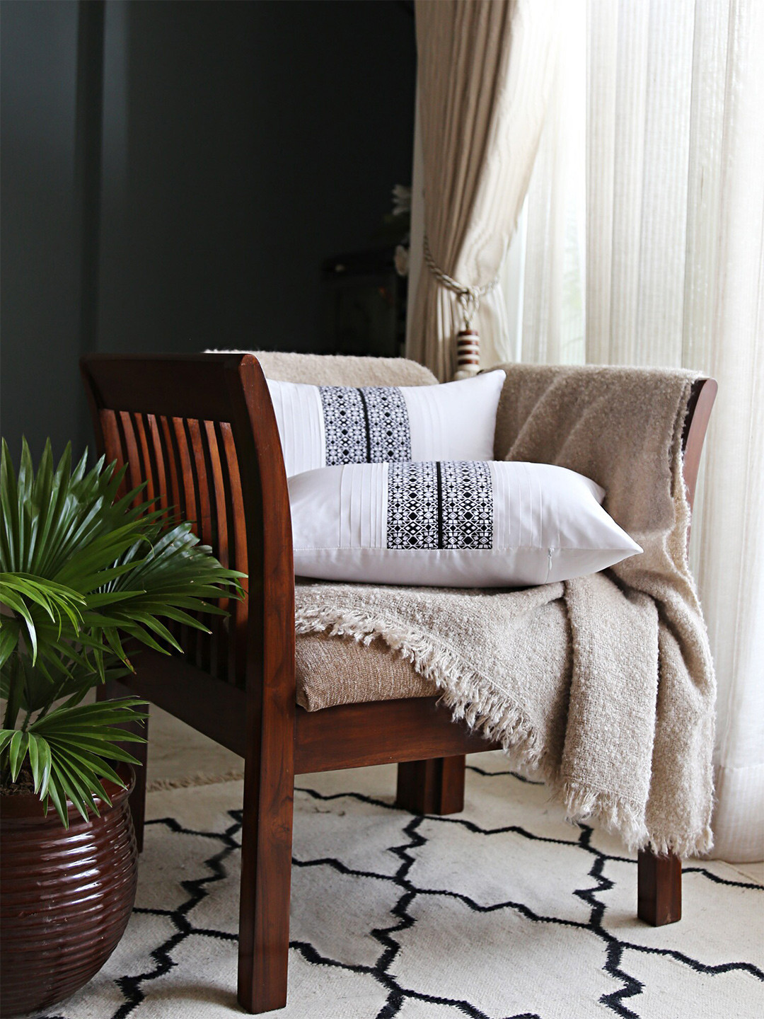 ANS White & Black 2 Pieces Geometric Rectangle Cushion Covers