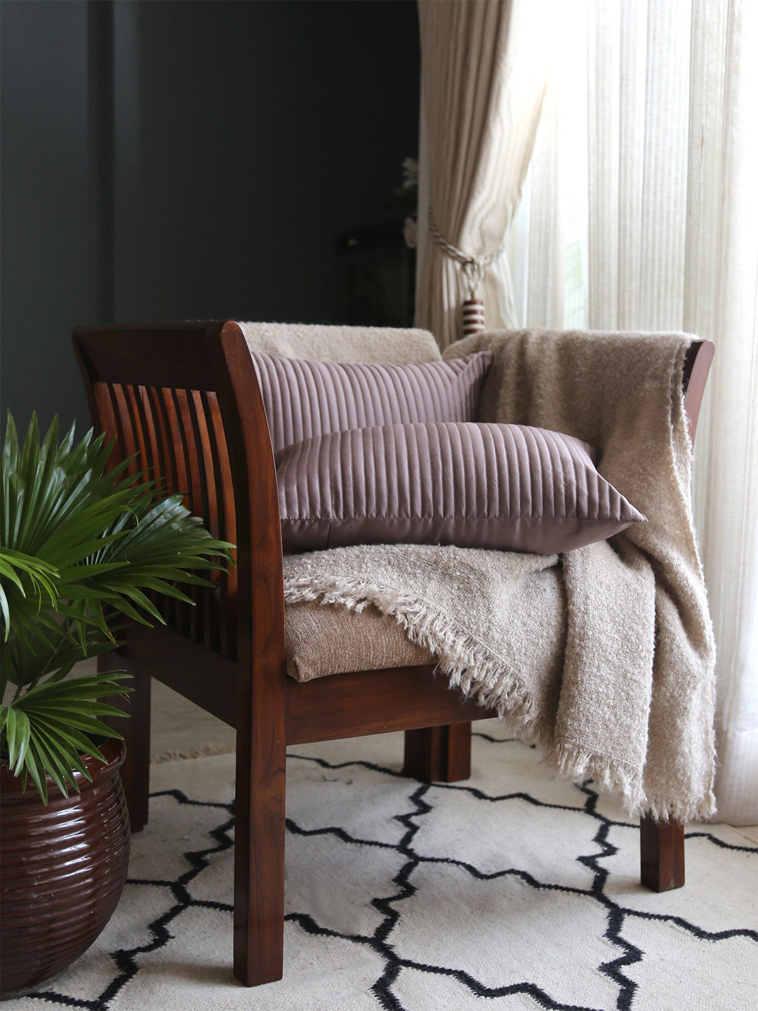 ANS Quilted Striped Polyester Quilted 2 Pcs Textured Rectangle Cushion Covers - 12 x 18 In