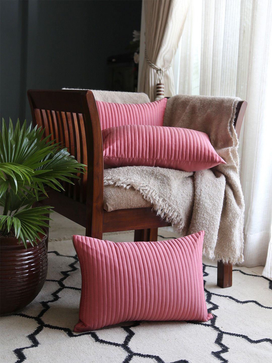 ANS Peach Striped Cotton Quilted 3 Piece Textured Rectangle Cushion Covers -12x18In
