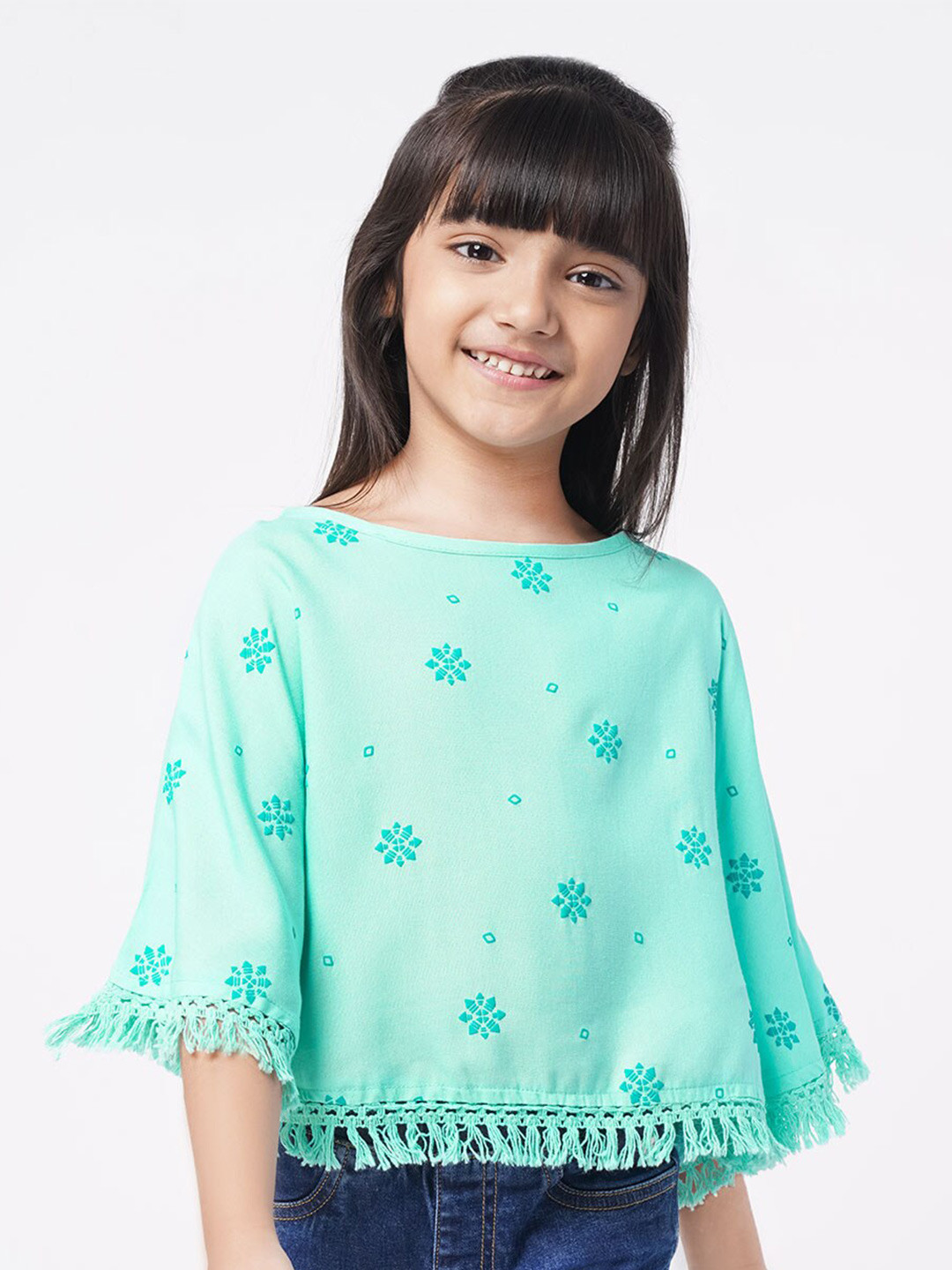 Ed-a-Mamma Girls Floral Embroidered Boat Neck Flared Sleeves Cotton Regular Top