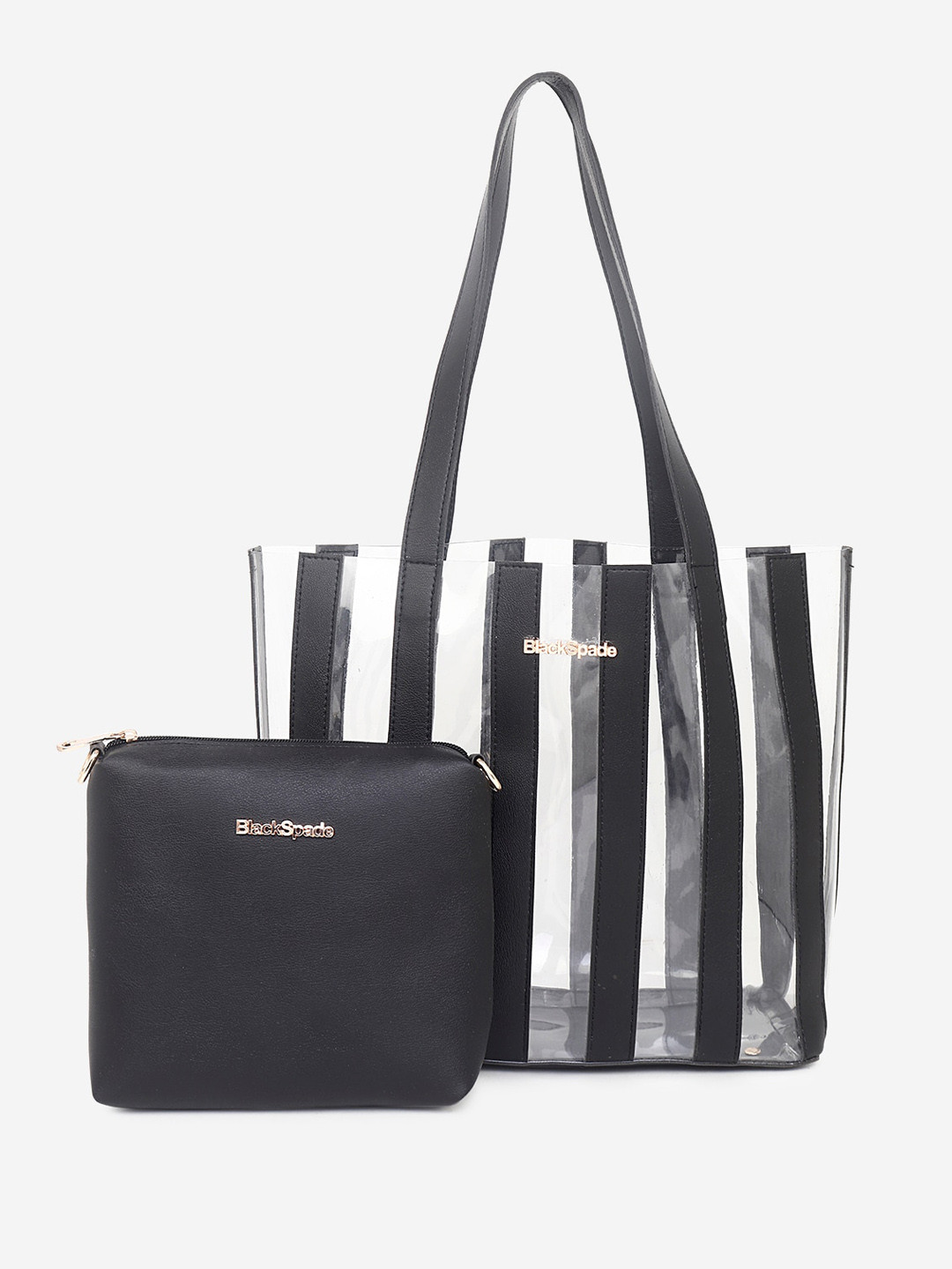 Black Spade Transparent Striped Shopper Tote Bag with Pouch
