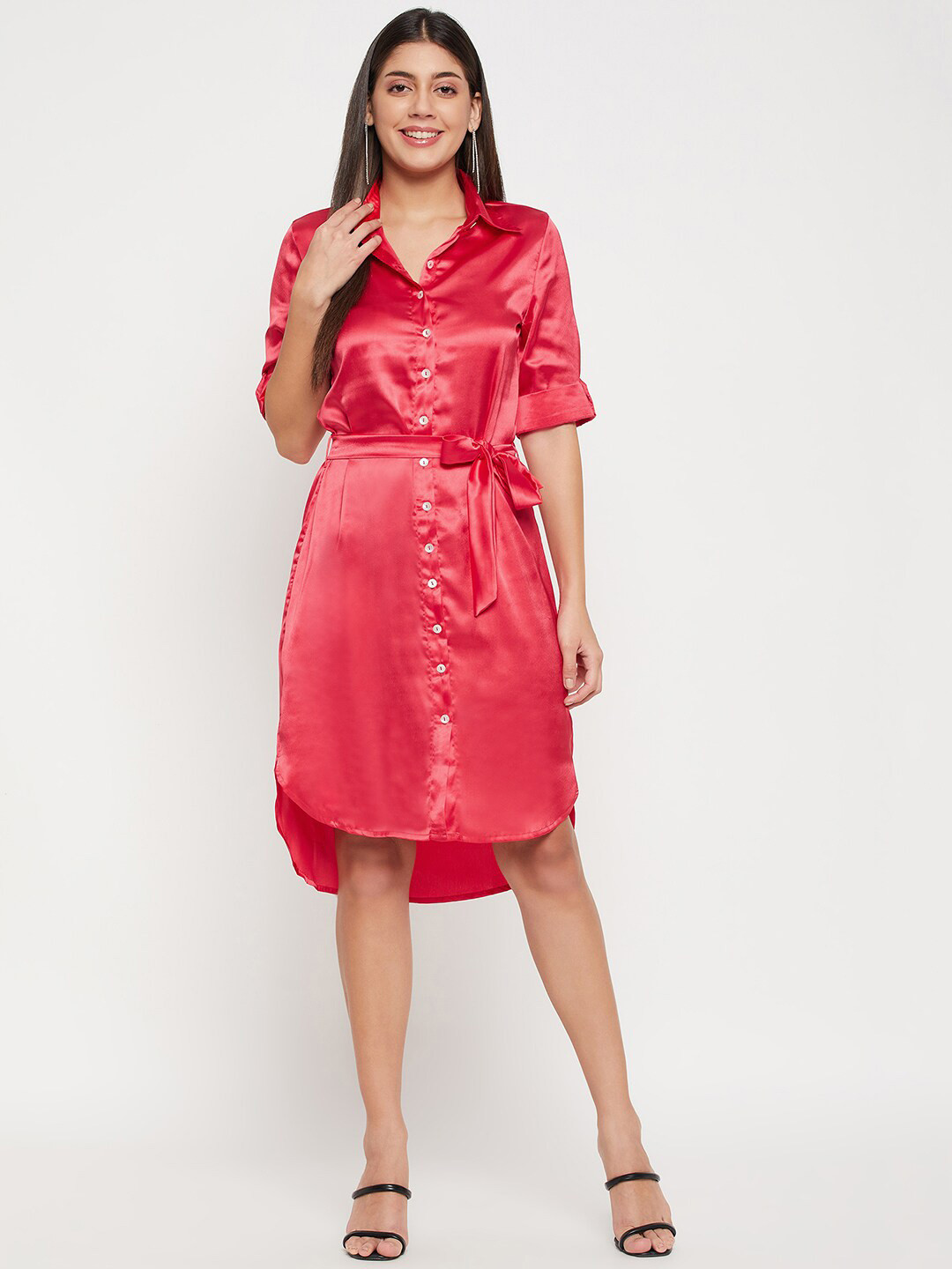Color Cocktail Shirt Collar Belted Shirt Dress