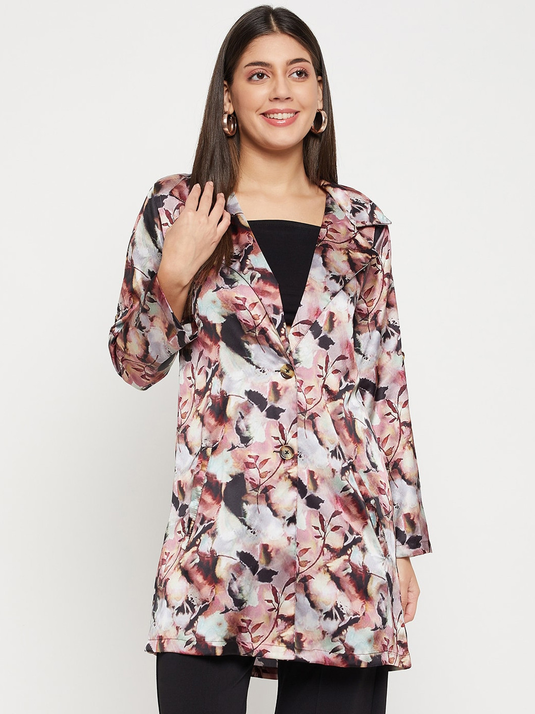 Color Cocktail Floral Printed Single Breasted Notched Lapel Trench Coat