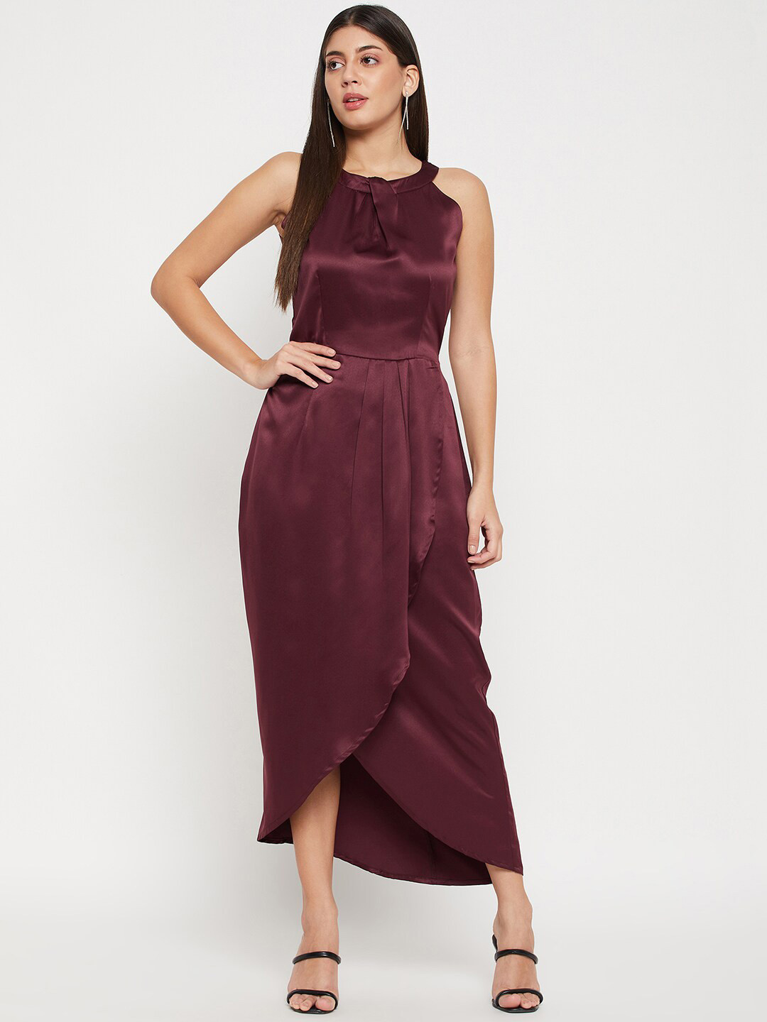 Color Cocktail Halter Neck Satin Maxi Dress