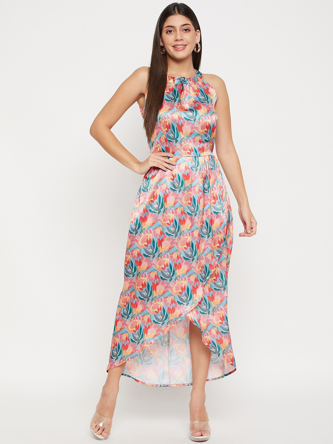 Color Cocktail Floral Printed Halter Neck Satin Maxi Dress