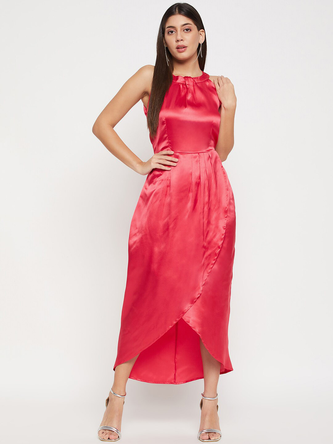 Color Cocktail Choker Neck Gathered Wrap Midi Dress
