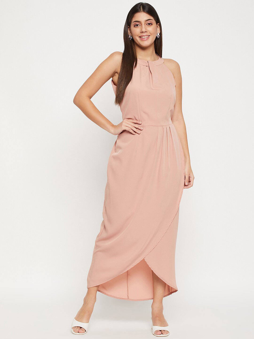 Color Cocktail Halter Neck Crepe Maxi Dress