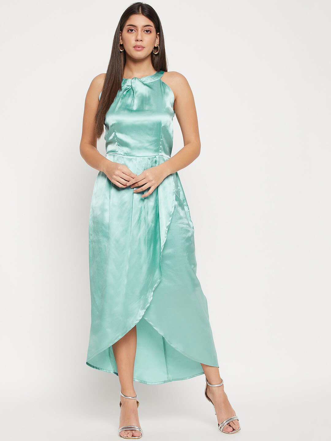 Color Cocktail Halter Neck Satin Maxi Dress