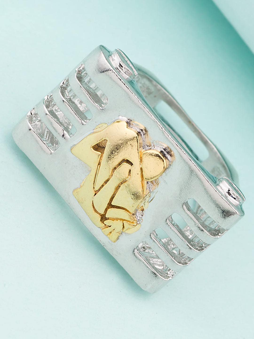 Voylla Men Silver-Plated Aquarius Rashi Symbol Designed Finger Ring