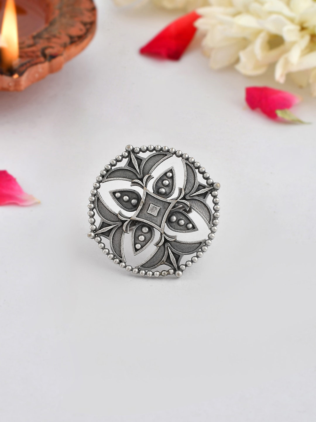 Voylla Women Silver-Plated Oxidised Cutwork Design Statement Finger Ring