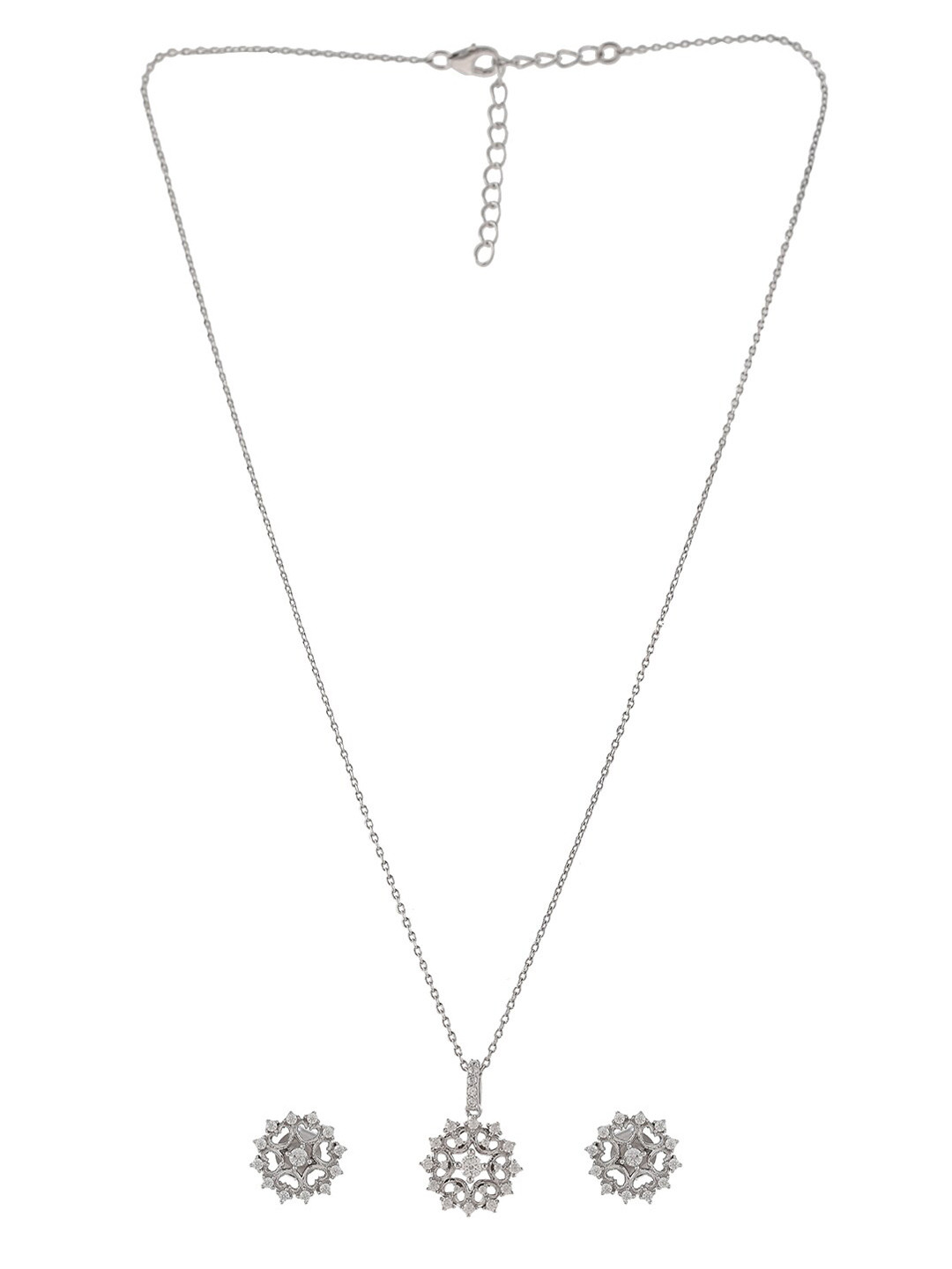 Studio Voylla Rhodium Plated Stone Studded Pendant & Earrings