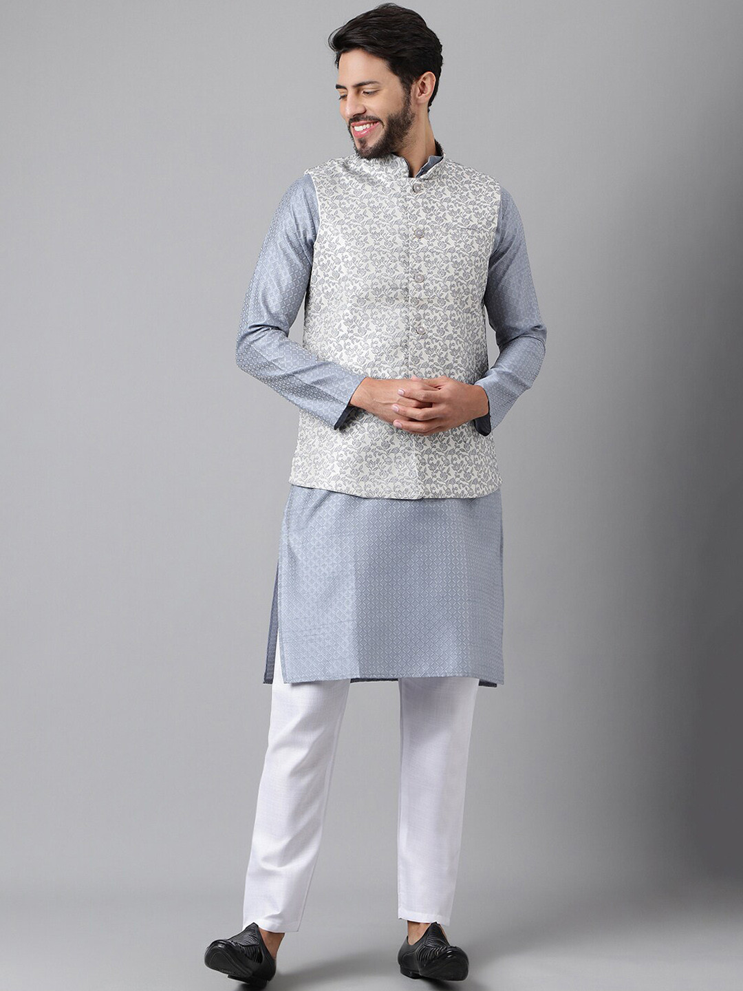 SHADOW & SAINING Ethnic Motifs Woven Design Straight Kurta with Pyjamas &  & Nehru Jacket