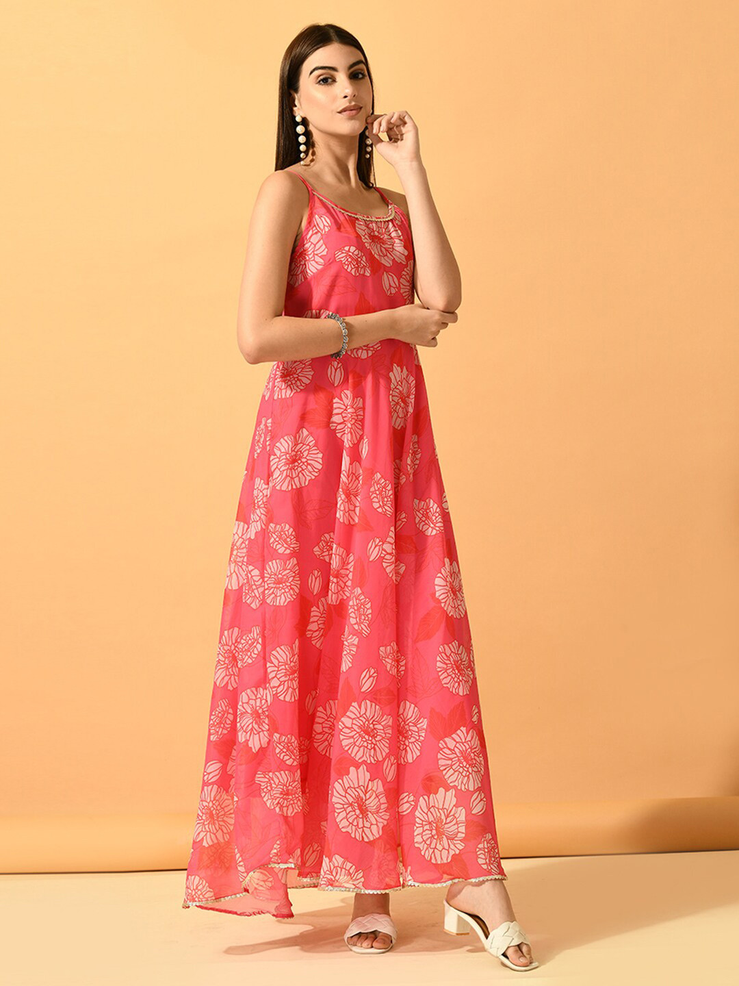 Myshka Floral Printed Shoulder Straps Sleeveless Lace-Up Chiffon Maxi Dress