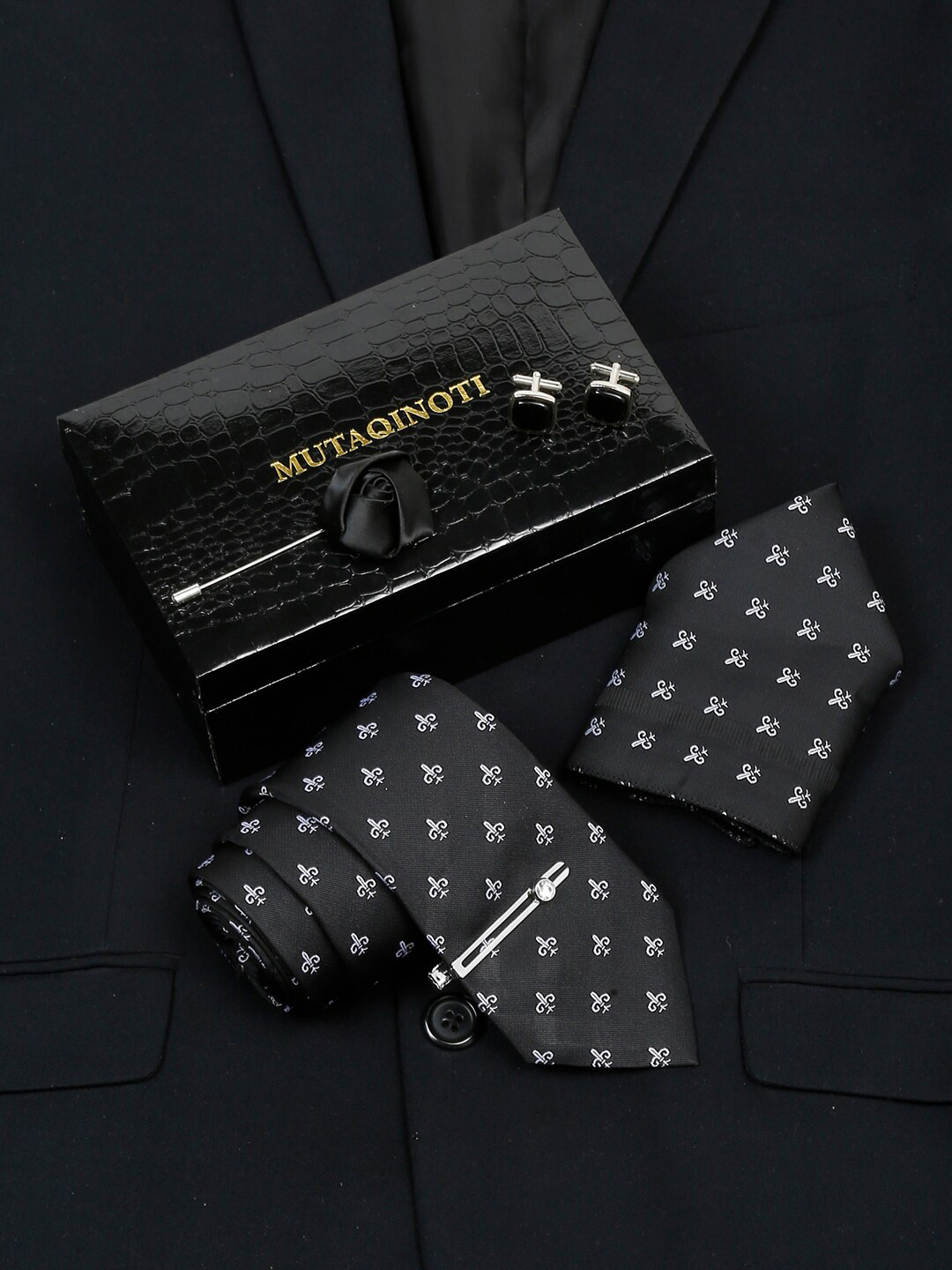 MUTAQINOTI Mens Woven Design Silk Accessory Gift Set