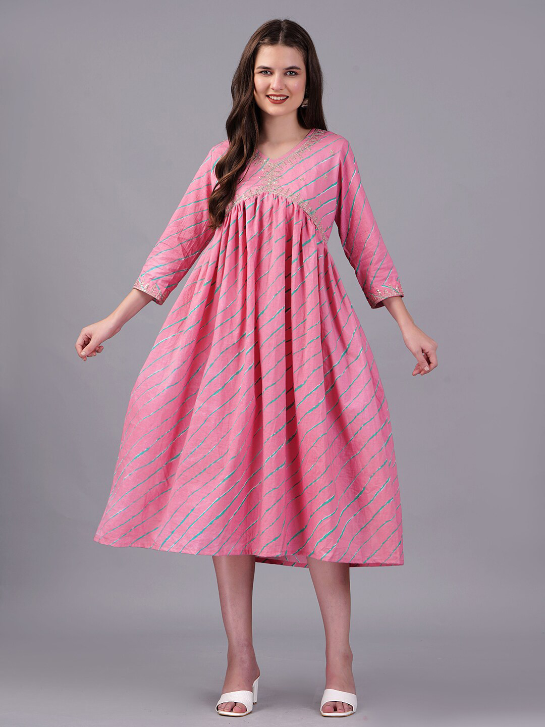 KPF  Lehariya Printed V-Neck Sequinned Empire Cotton Midi Ethnic Dress