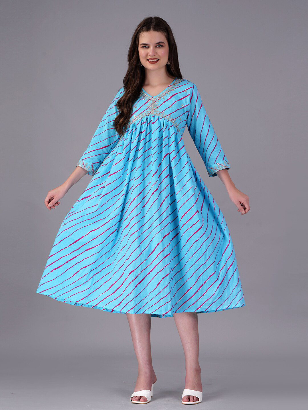 KPF Lehariya Printed V-Neck Sequinned Empire Cotton Midi Ethnic Dress