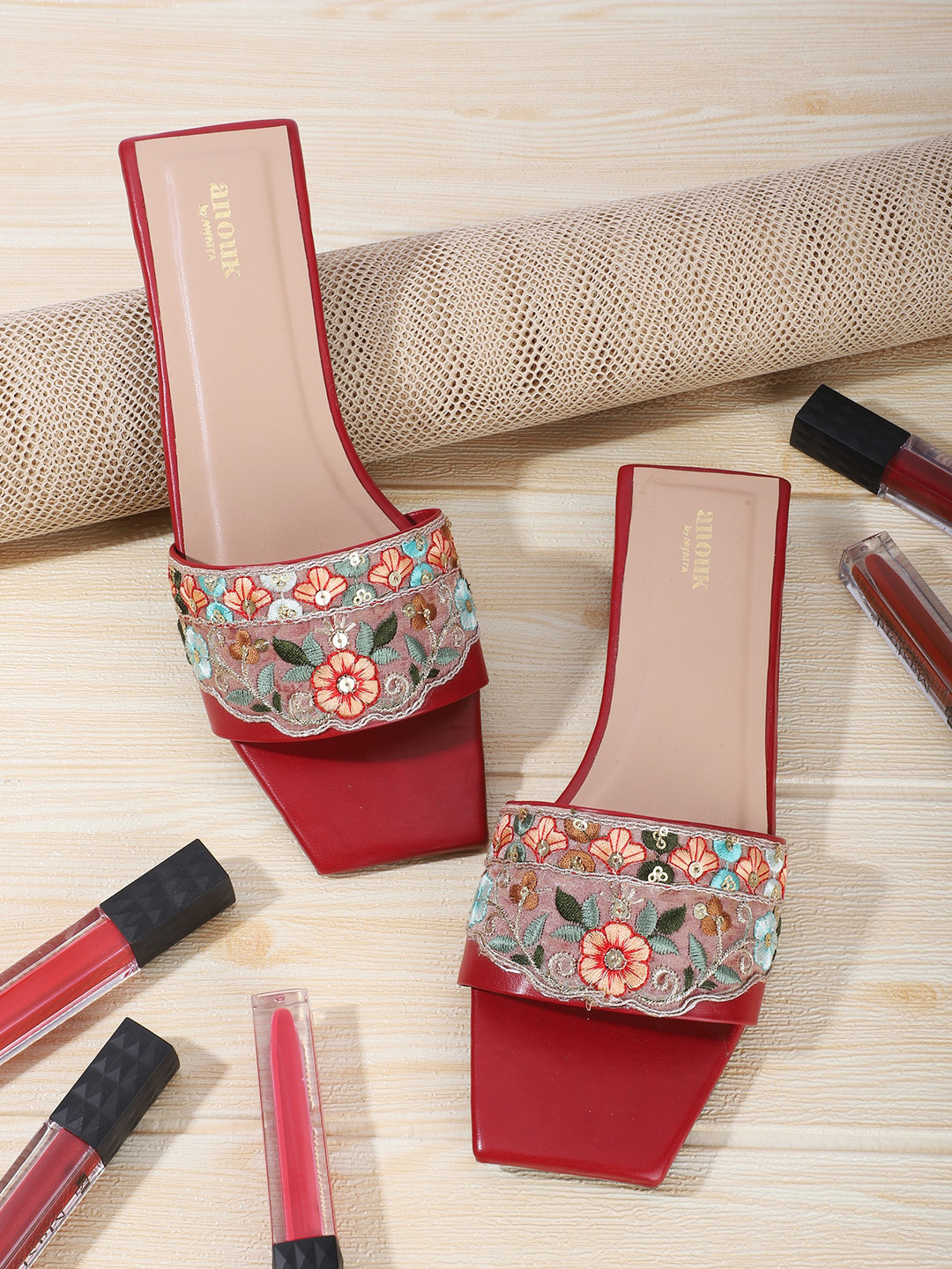Anouk Red & Green Ethnic Embroidered Open Toe Flats
