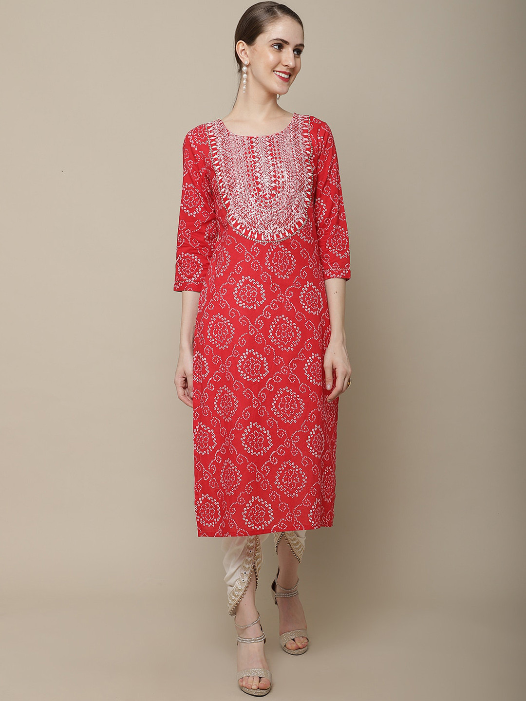 Vastramyaa Bandhani Printed Thread Work Cotton Straight Kurta