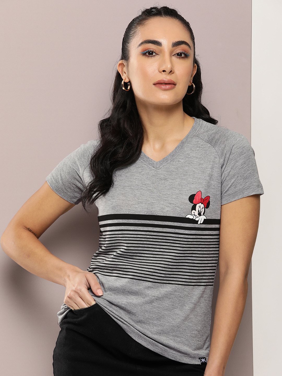 Kook N Keech Disney Minnie Mouse Printed Striped V-Neck T-shirt