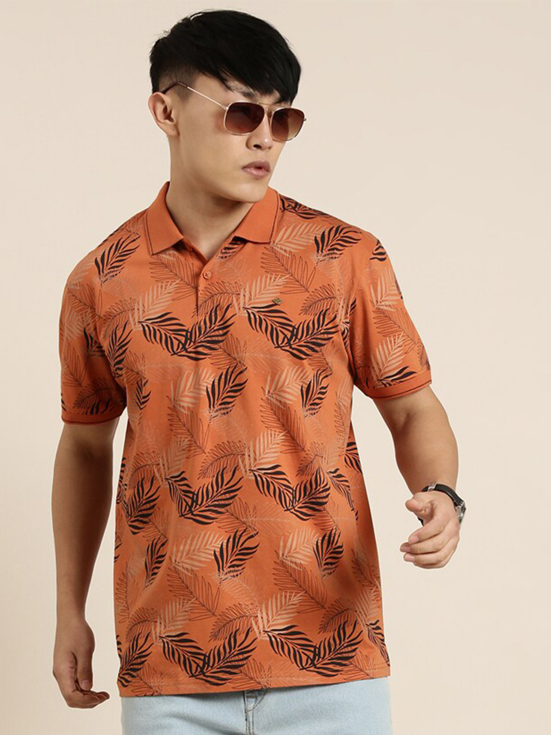 Joven Floral Printed Polo Collar Regular Fit T-shirt