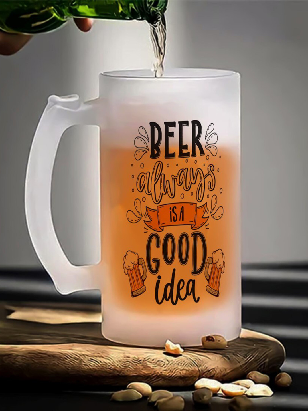 Gathari Transparent & Black Typography Printed Beer Glass With Handle - 500 ML