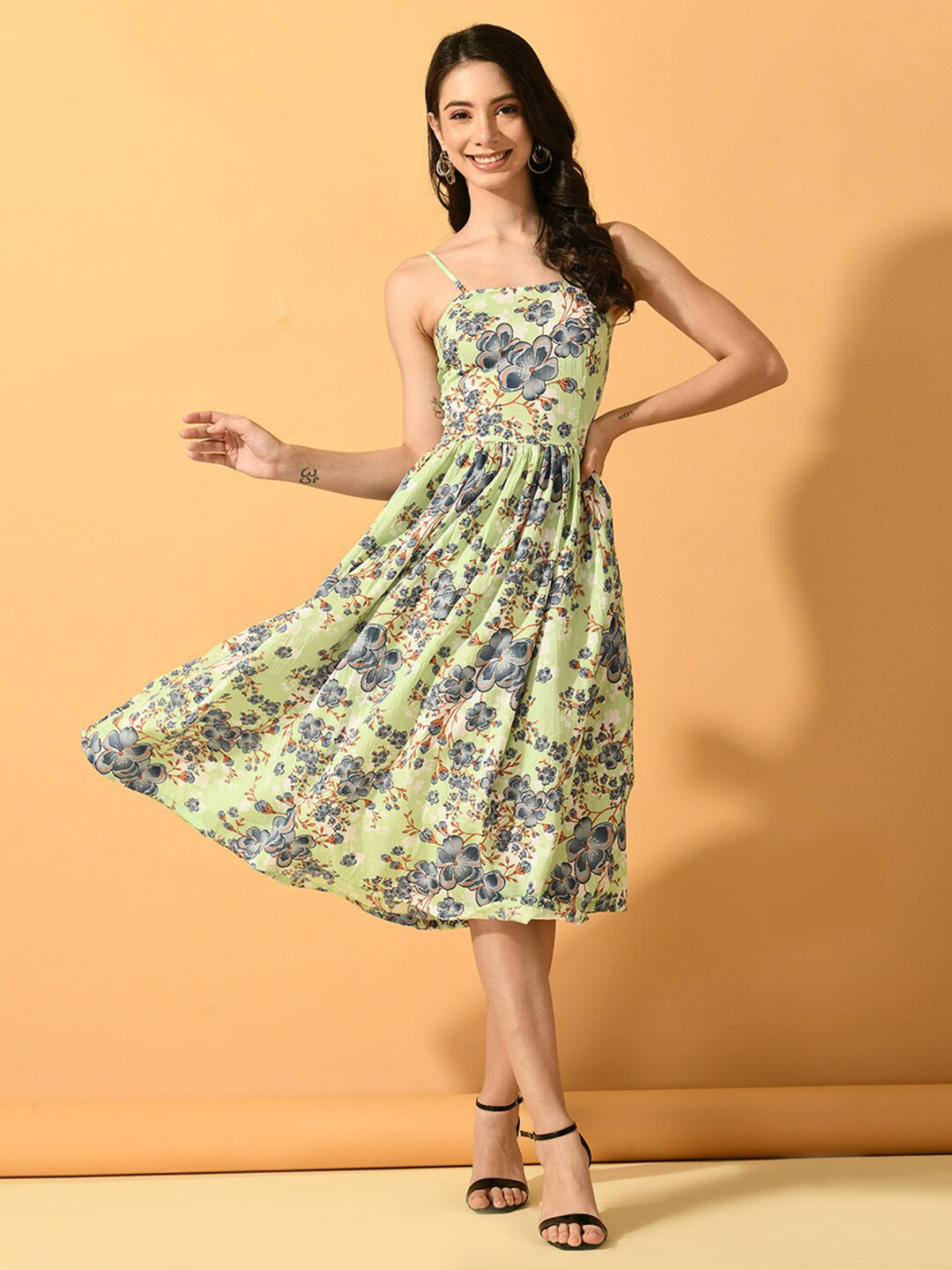DressBerry Lime Green Floral Printed Shoulder Strap Fit & Flare Pleated Midi Dress