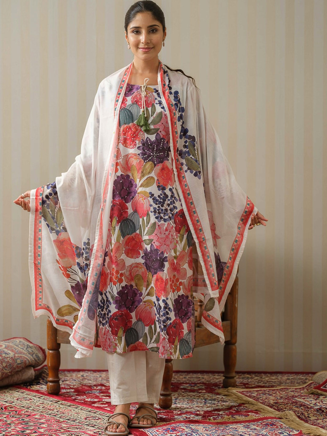 Sangria Printed & Embroidered A-Line Linen Kurta With Trouser & Dupatta