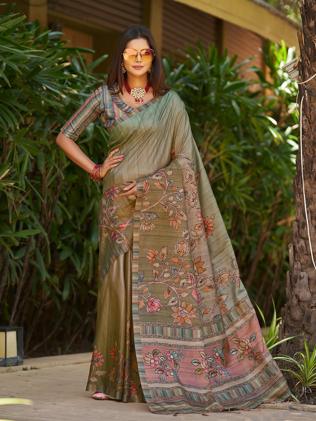 Mitera Green & Pink Floral Kalamkari Saree