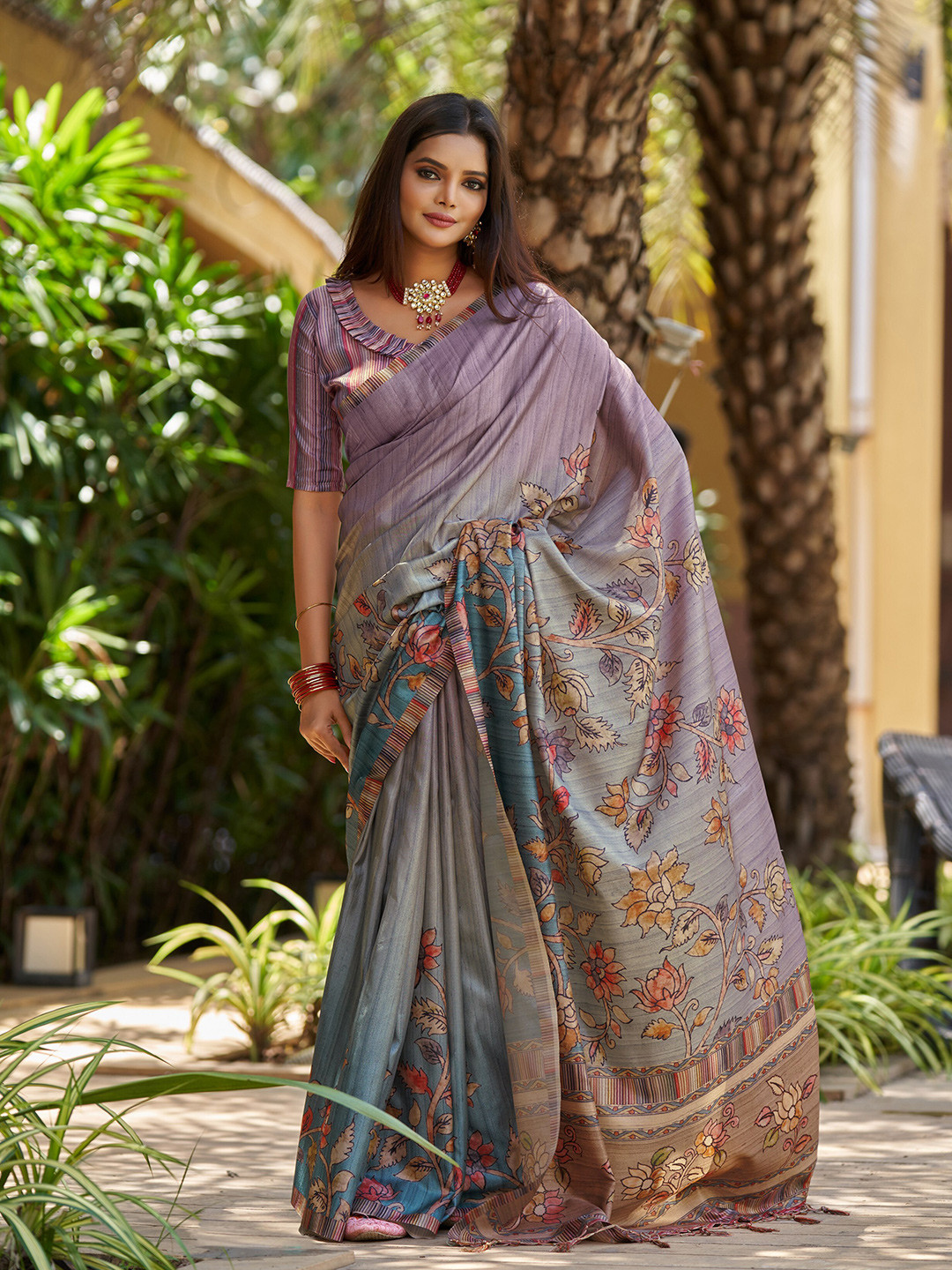 Mitera Purple & Blue Kalamkari Saree