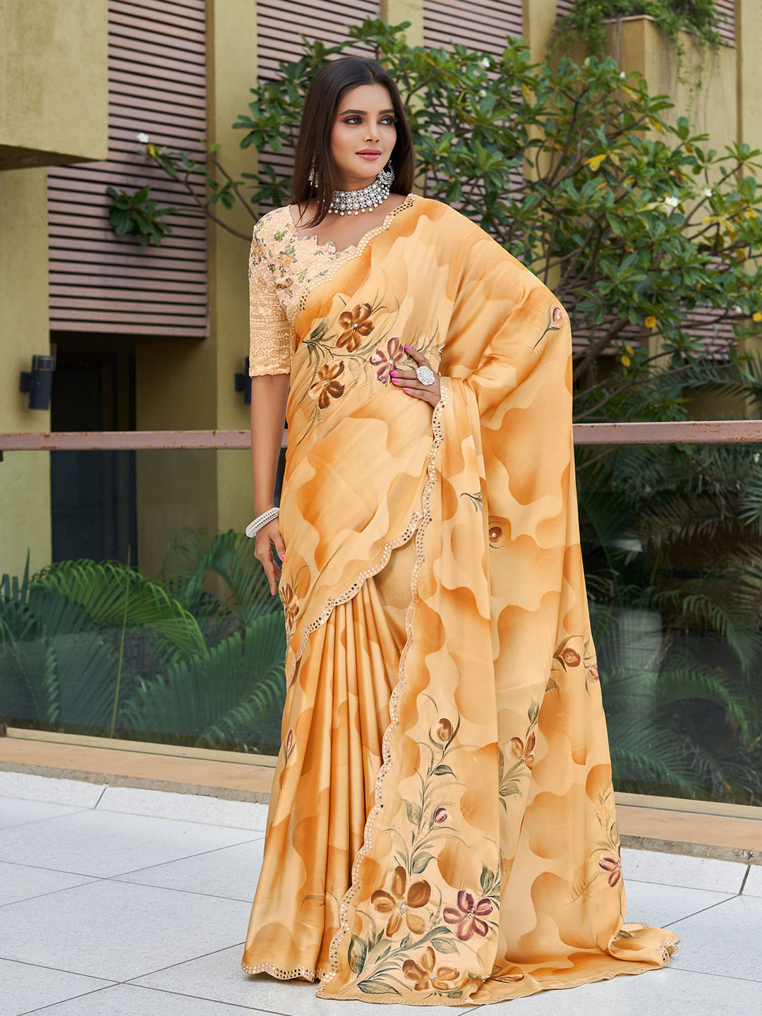 Mitera Orange Floral Printed Mirror Work Pure Georgette Saree