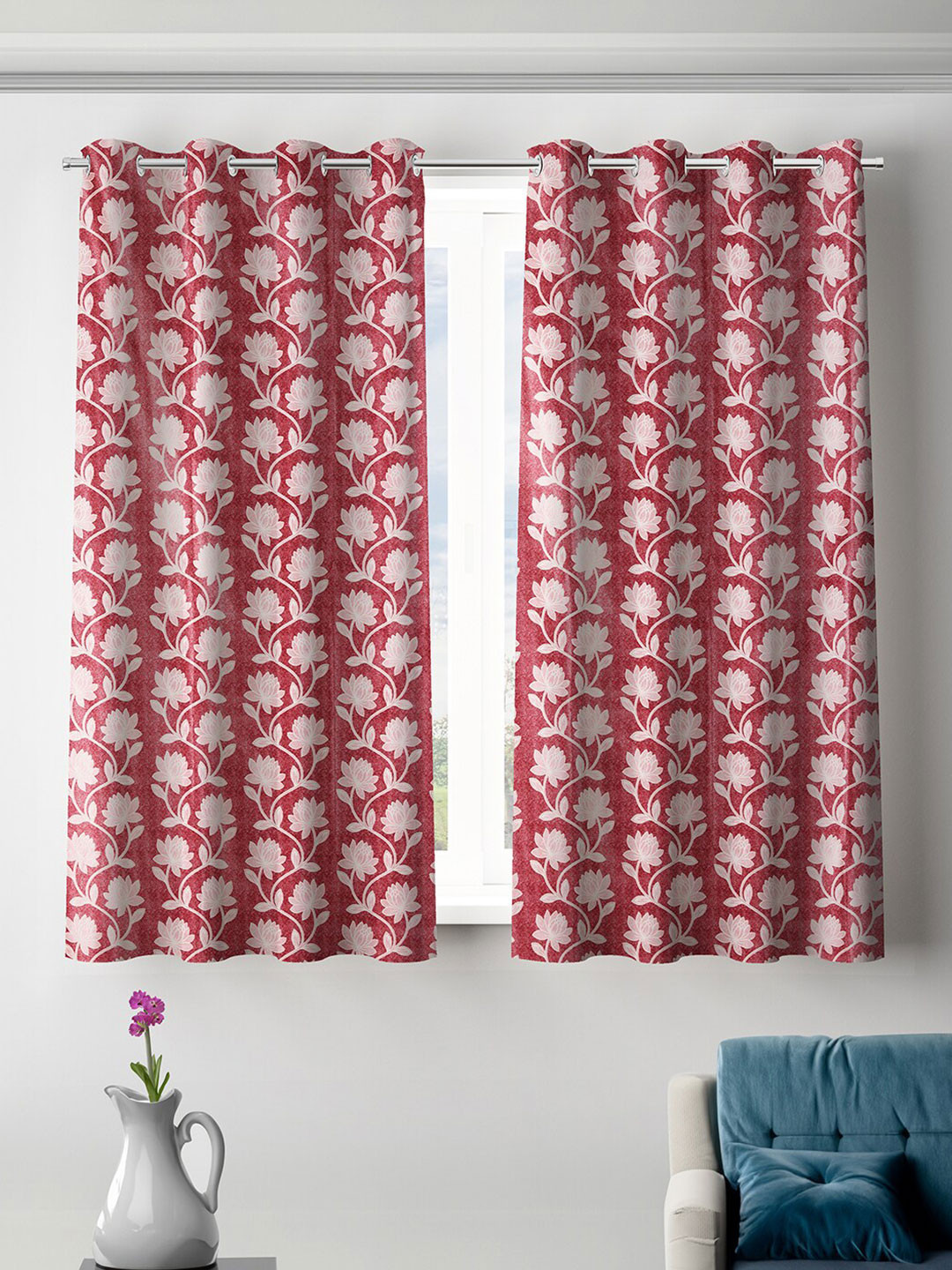 ROMEE Pink & White 2 Pieces Floral Room Darkening Window Curtains