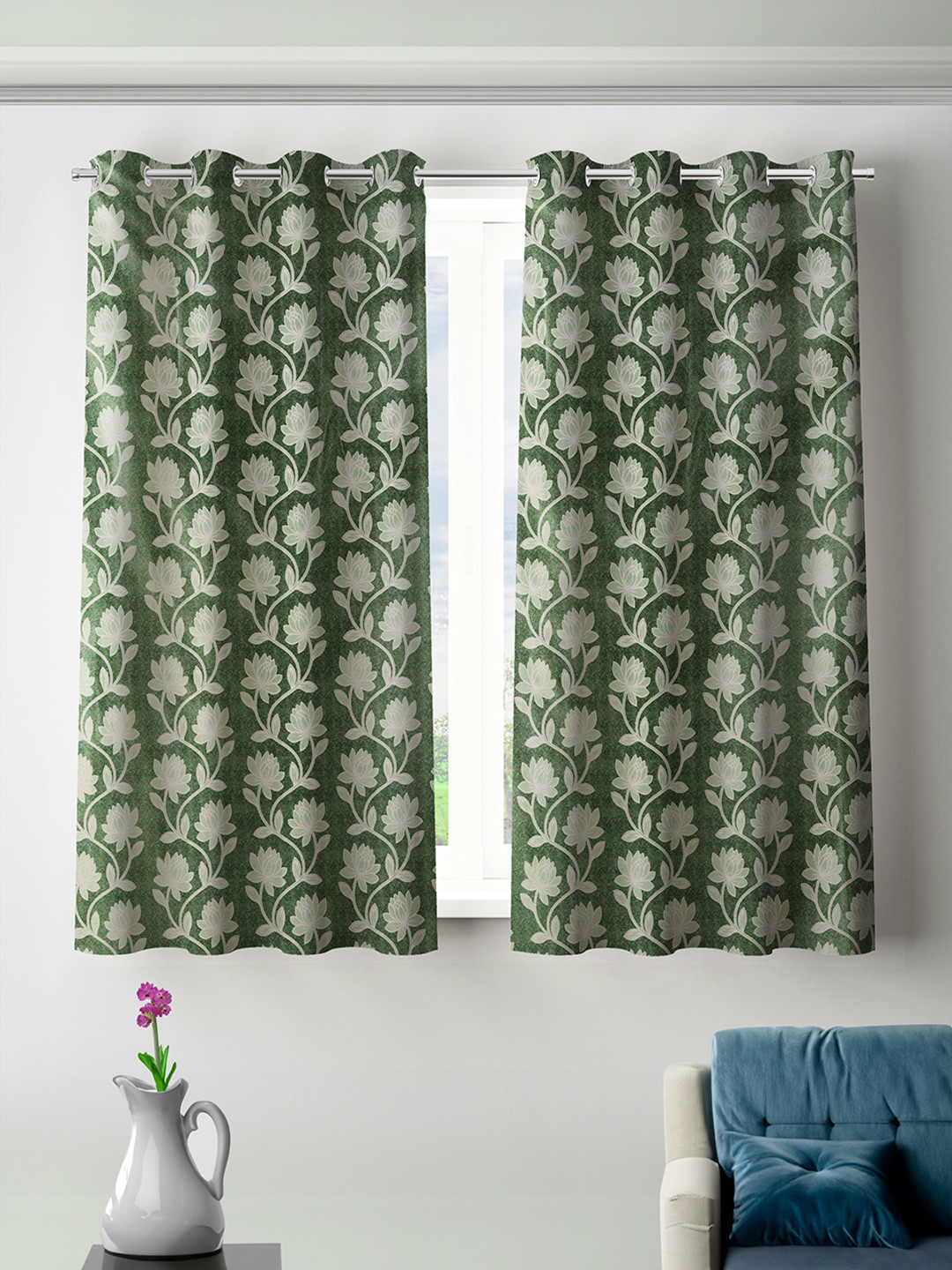 ROMEE Green & White 2 Pieces Floral Room Darkening Window Curtains