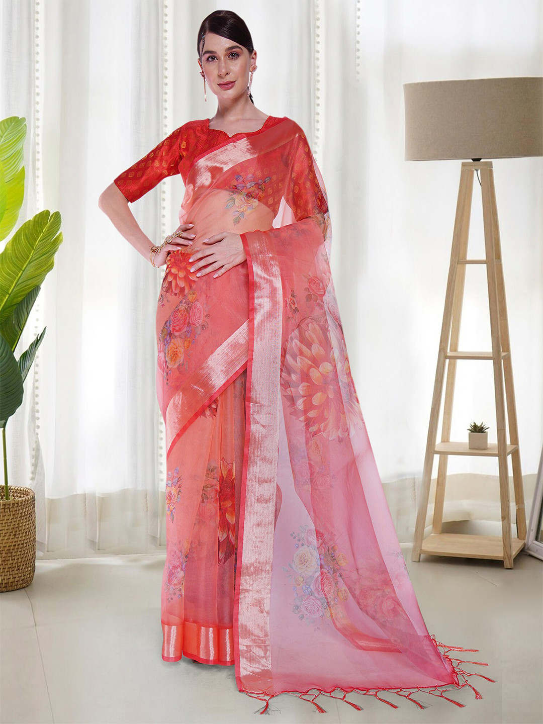 Mitera Peach-Coloured & Gold-Toned Floral Printed Zari Organza Saree