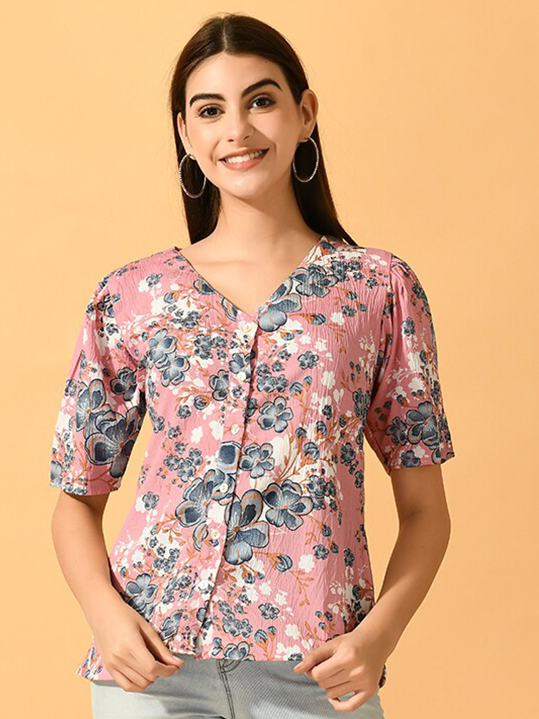 DressBerry Pink & Grey Floral Printed Crepe Top