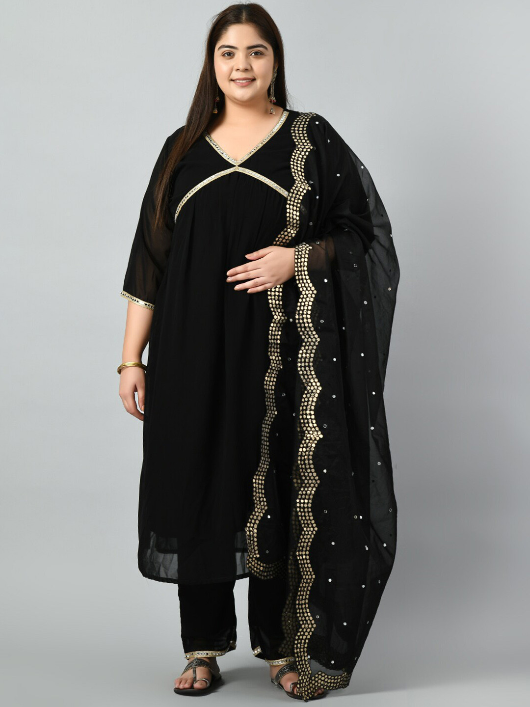 PrettyPlus by Desinoor.com Plus Size Mirror Work A-Line Kurta & Trousers With Dupatta