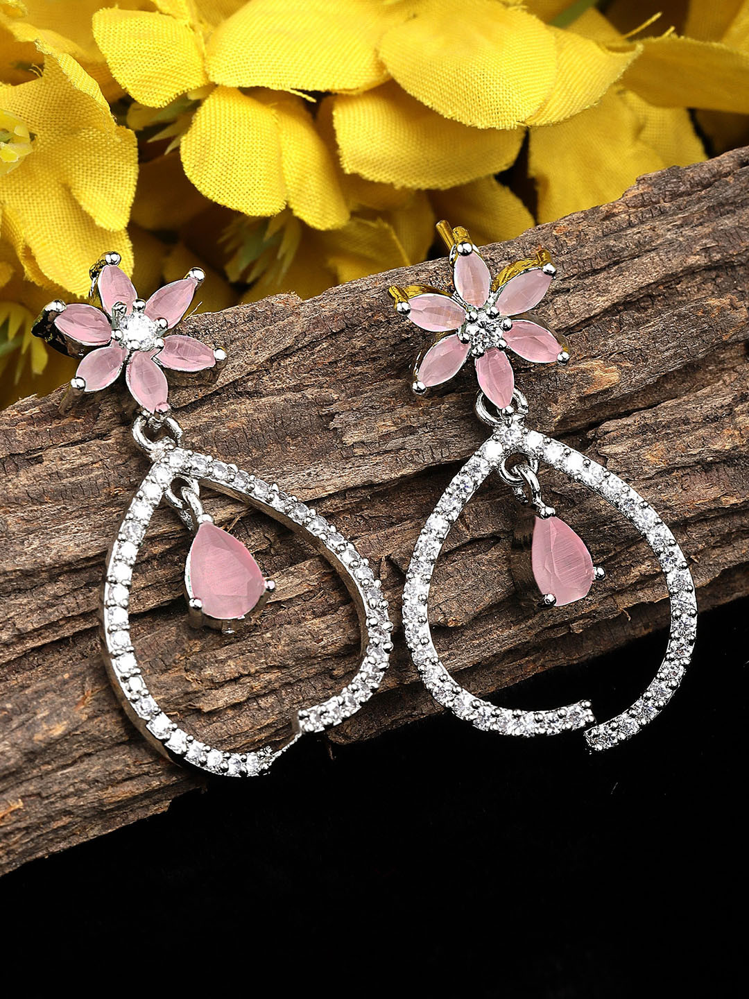 KARATCART Silver-Plated Cuibic-Zirconia Contemporary Drop Earrings