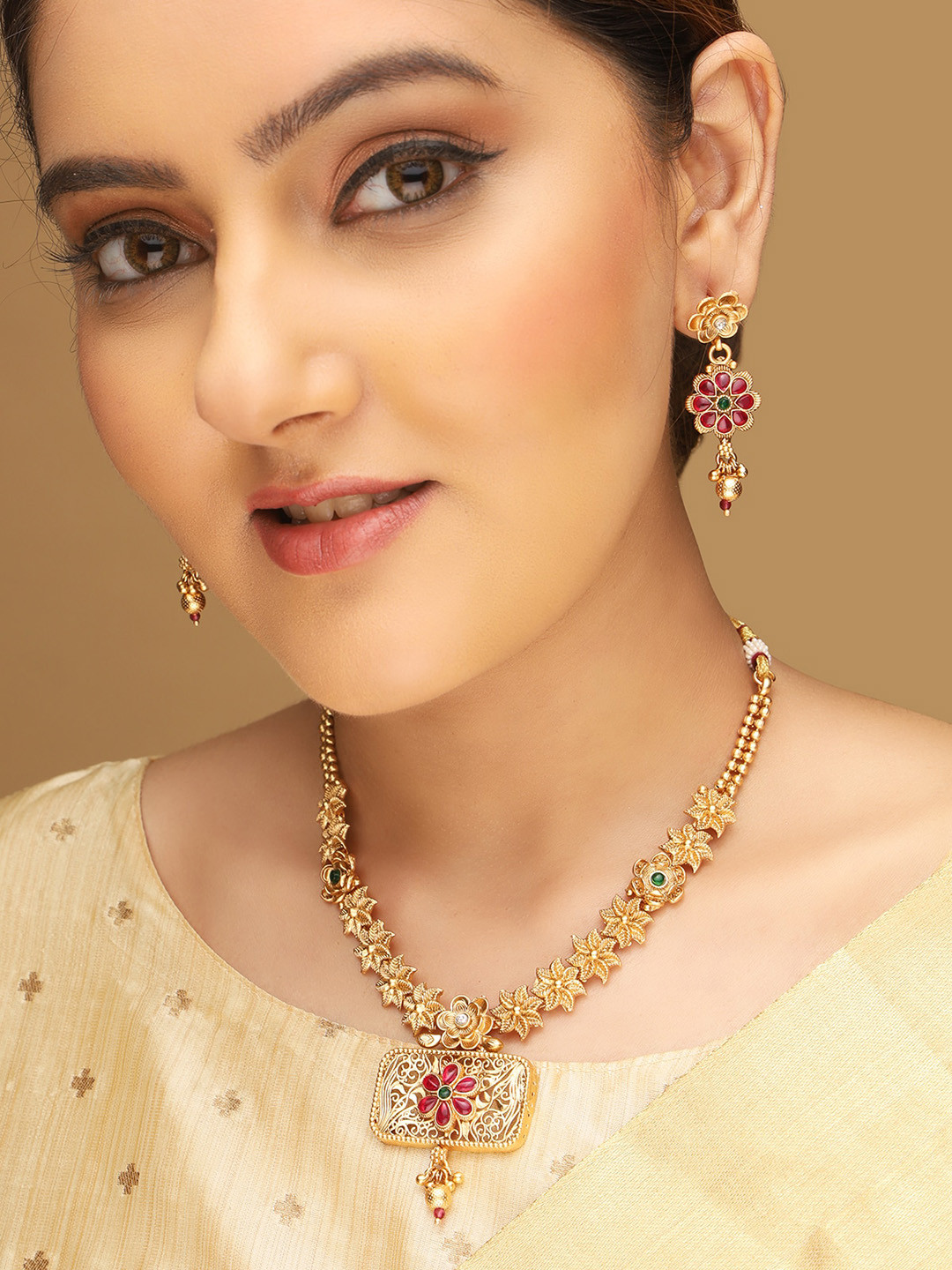 AQUASTREET Gold-Plated Kemp Stone Intricate Designed Jewellery Set