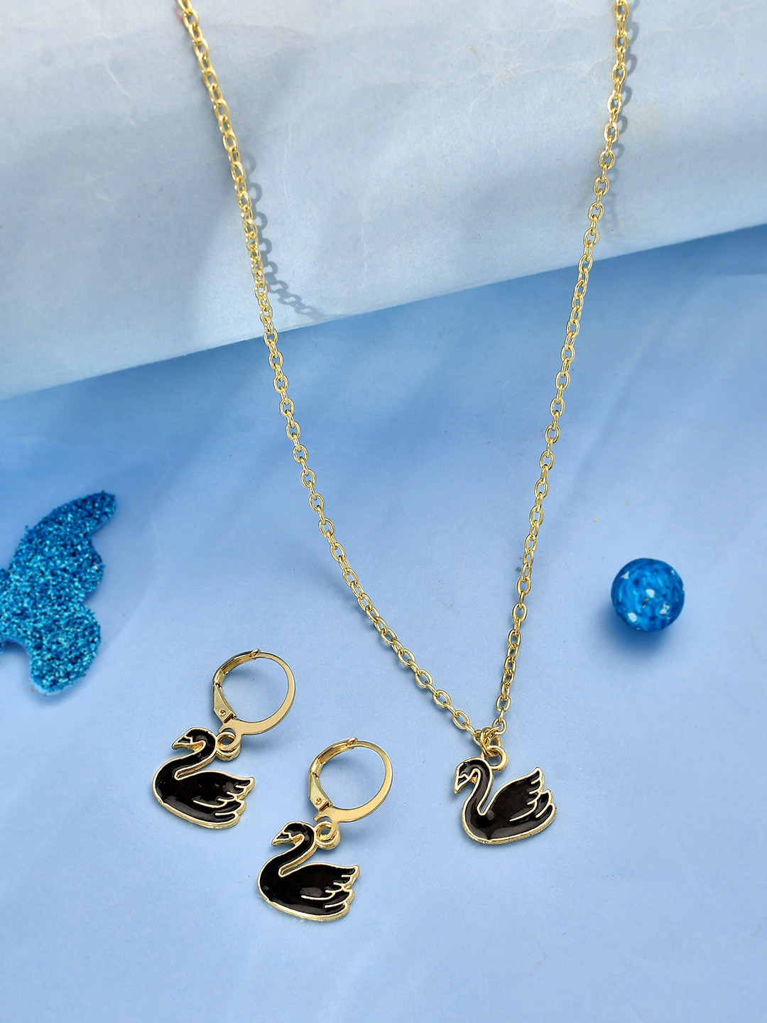Voylla Girls Gold-Plated Black Swan Jewellery Set