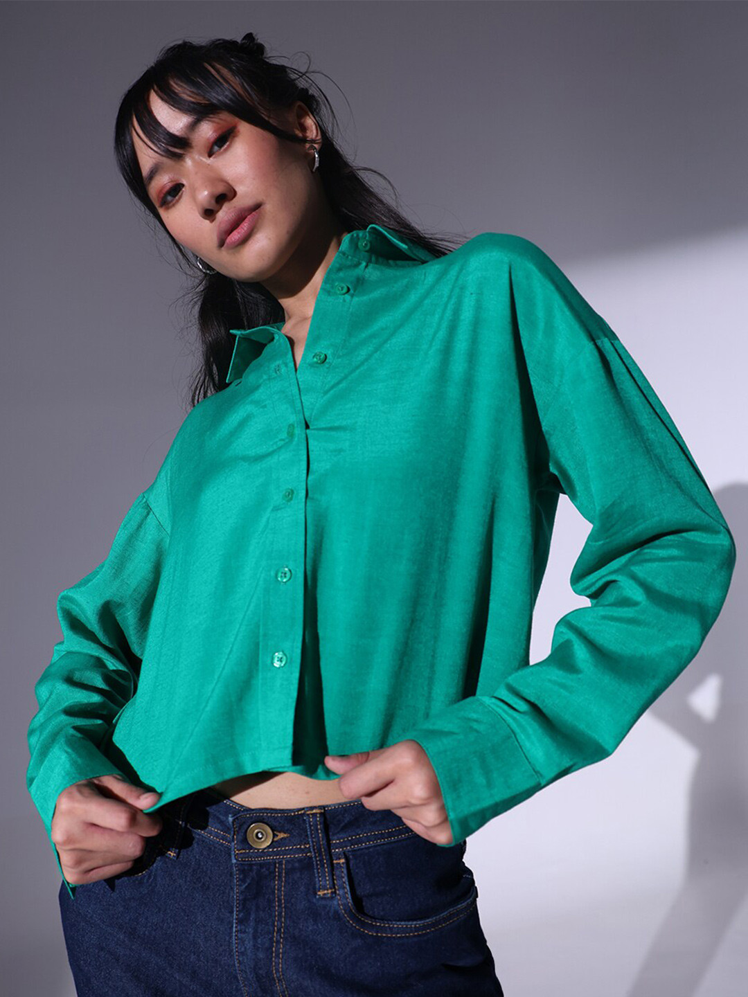 Hubberholme Relaxed Spread Collar Oversized Cropped Casual Shirt