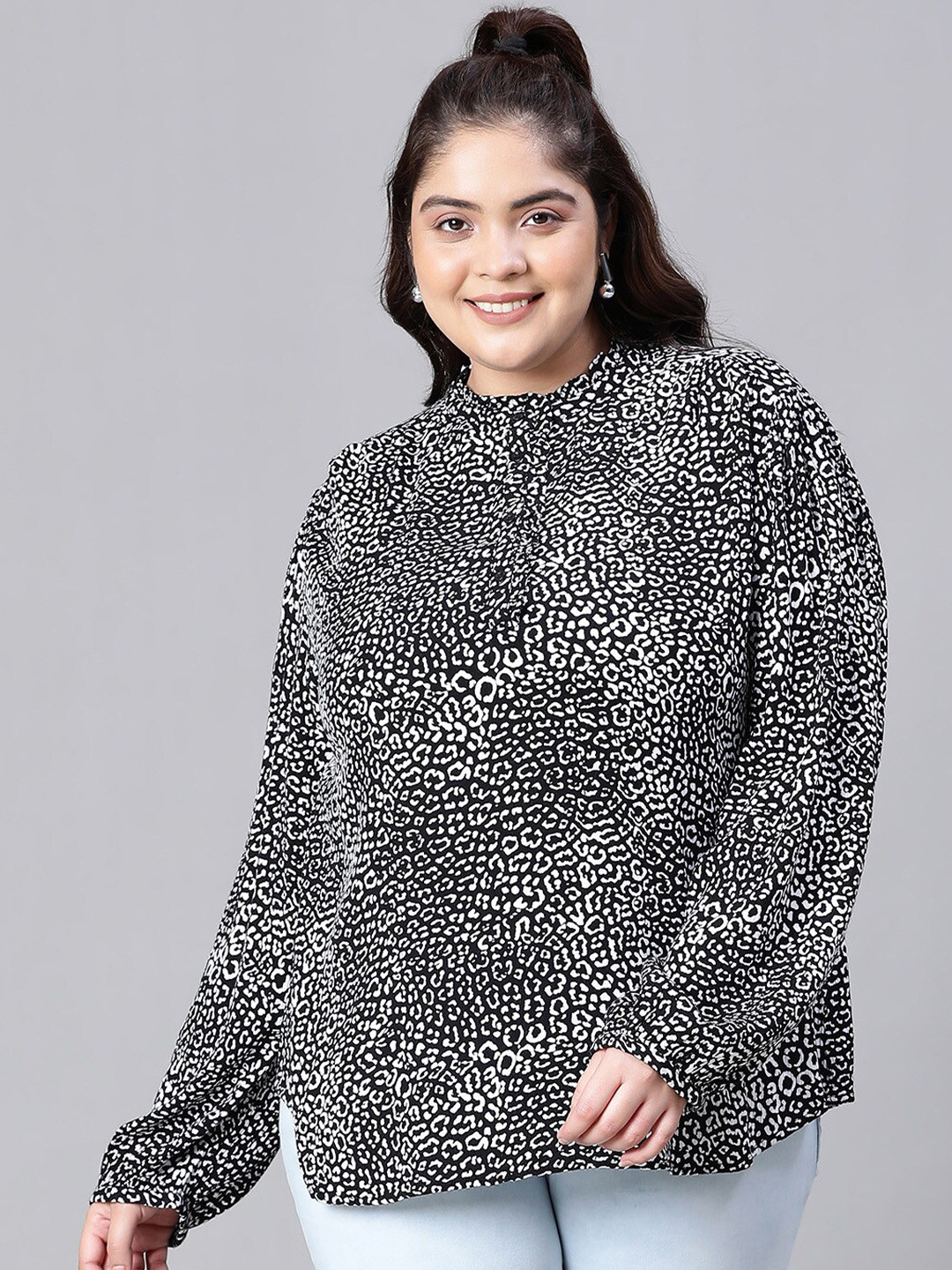 Oxolloxo Plus Size Animal Printed Mandarin Collar Puff Sleeve Gathered Regular Top