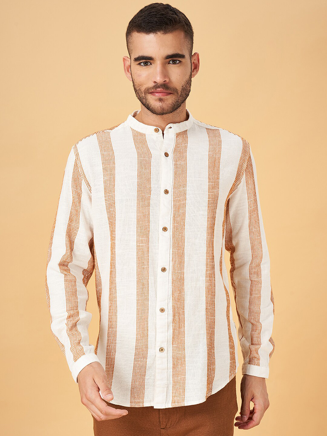 7 Alt by Pantaloons Vertical Stripes Mandarin Collar Long Sleeve Cotton Casual Shirt