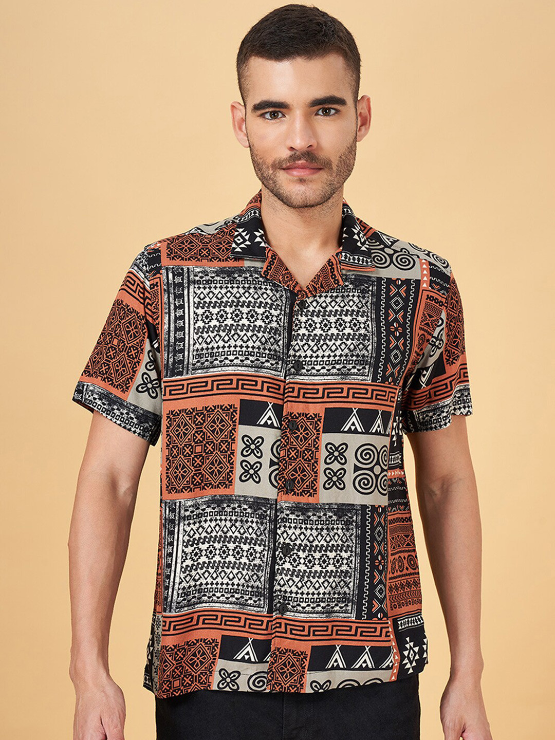 People Black Slim Fit Ethnic Motifs Printed Casual Shirt