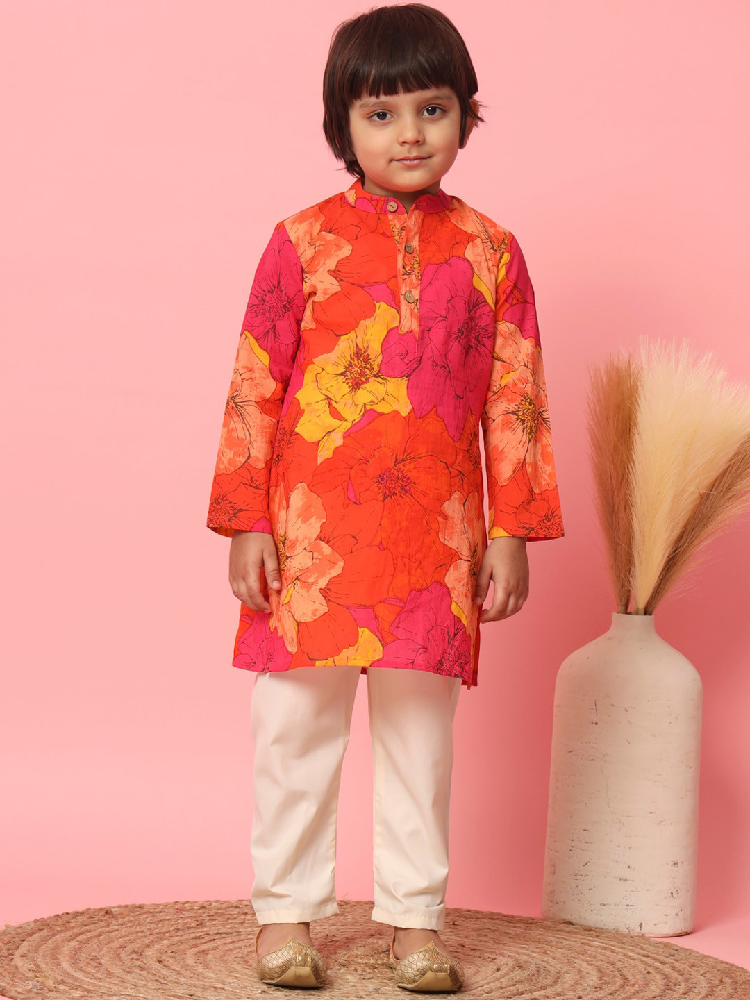 Readiprint Boys Floral Printed Pure Cotton Straight Kurta With Pyjamas