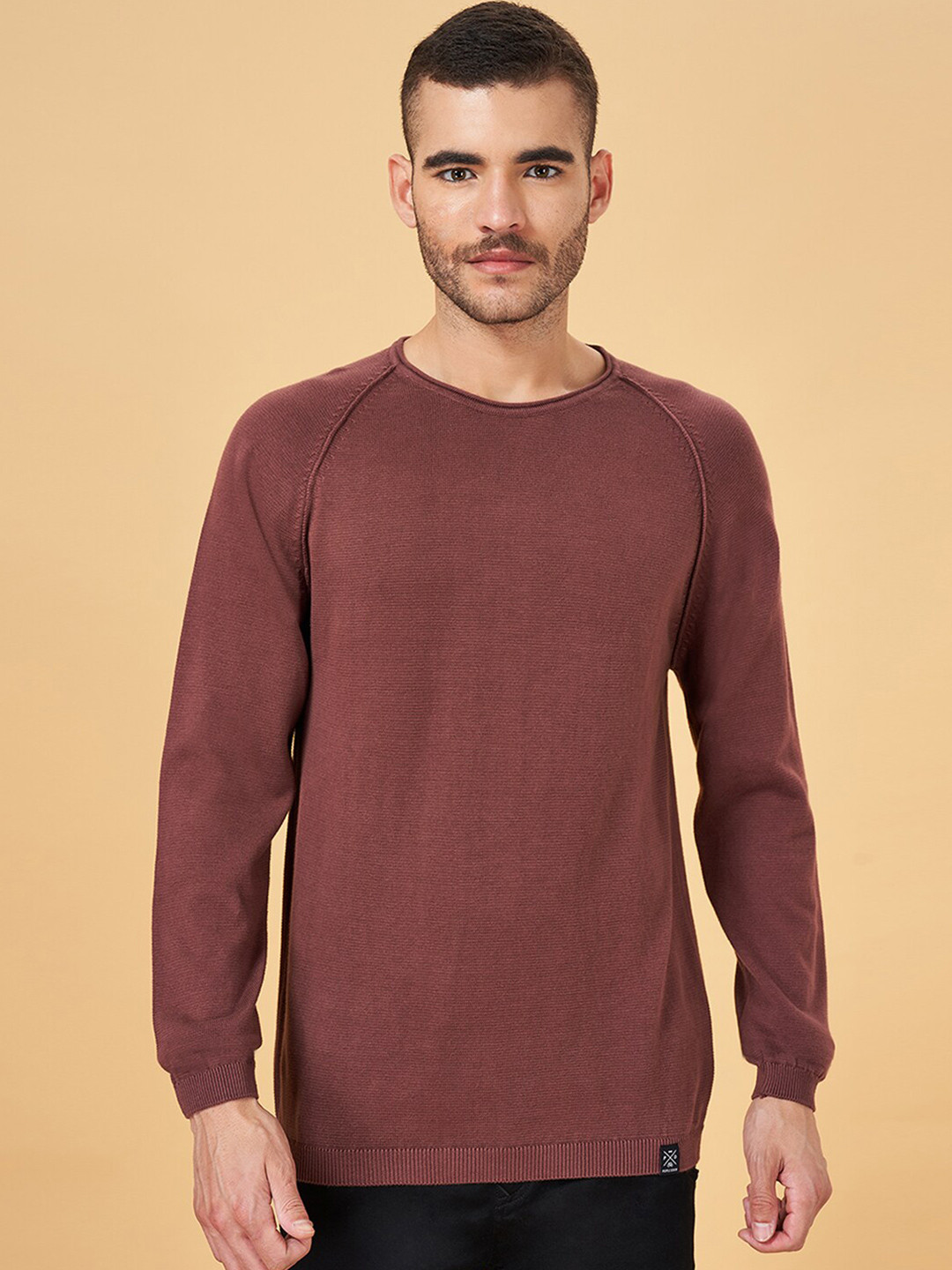 People Brown Round Neck Cotton Pullover
